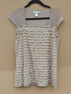 Christopher & Banks Polka Dots Ruffle Layered Blouse Tan Sleeveless Tiered M